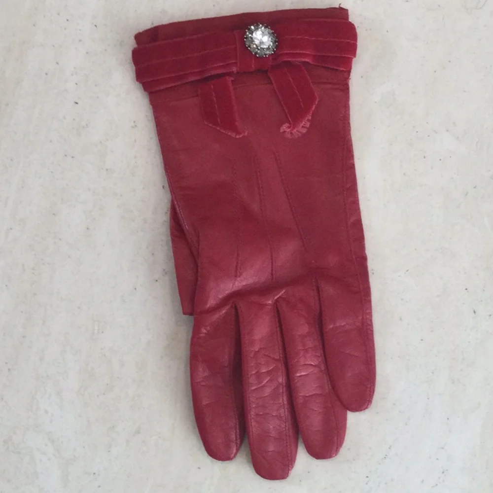 Vintage Coach Red Leather Gloves Silk Lining Women Size 8 Velvet Trim Rhinestone